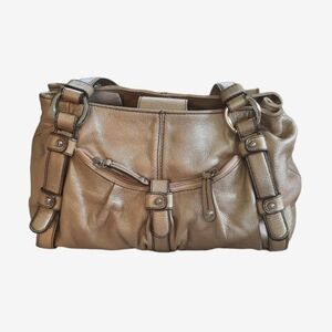 Maxx New York Gold Pebbled Leather Satchel Bag Purse with Silver Accents